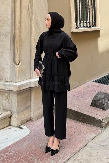 Lamelif Büzgü Detaylı İkili Takım Siyah