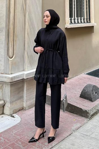 Lamelif Büzgü Detaylı İkili Takım Siyah