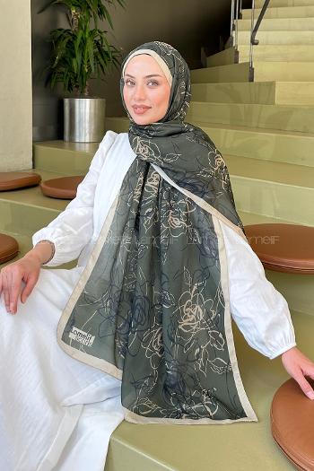 Lamelif Çicek Desen Soft Şal Haki