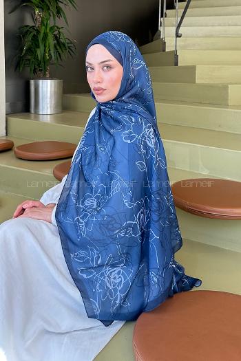 Lamelif Çicek Desen Soft Şal İndigo