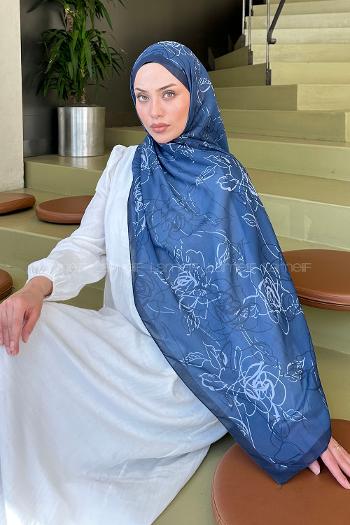 Lamelif Çicek Desen Soft Şal İndigo