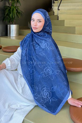 Lamelif Çicek Desen Soft Şal Lacivert