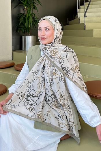 Lamelif Çicek Desen Soft Şal Mint Yeşili Bej