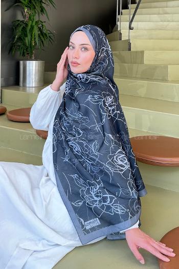 Lamelif Çicek Desen Soft Şal Siyah Füme