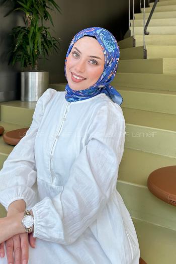 Lamelif Çiçek Desen Modal Eşarp İndigo