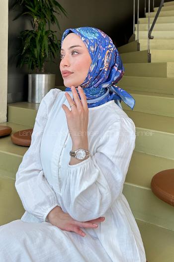 Lamelif Çiçek Desen Modal Eşarp İndigo