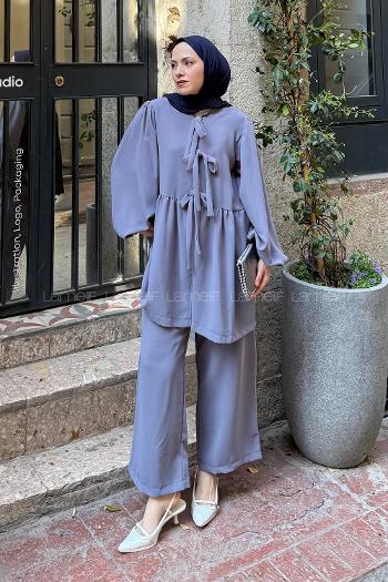 Lamelif Ön Bağlama Tunik İkili Tesettür Takım Gri