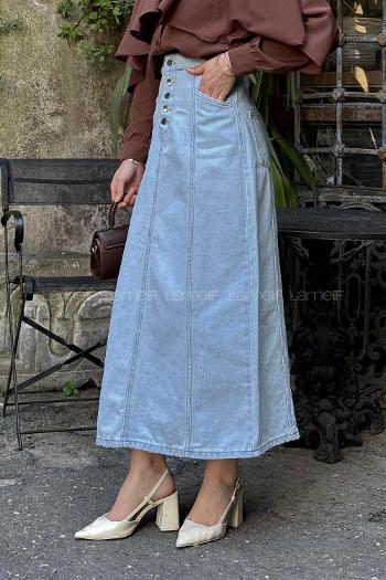 Lamelif Düğme Detaylı Kuplu Tesettür Kot Etek Açık Mavi