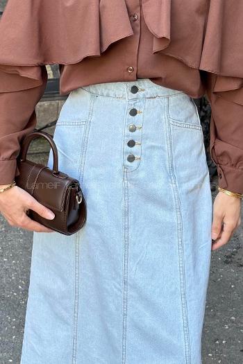 Lamelif Düğme Detaylı Kuplu Tesettür Kot Etek Açık Mavi