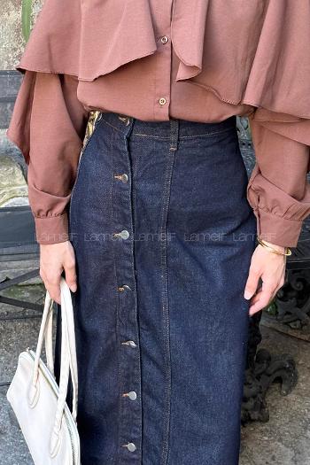 Lamelif Düğmeli Kot Etek Kot Mavisi