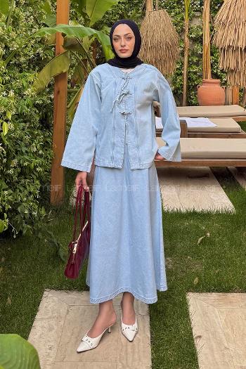 Lamelif Bağcık Detaylı Denim Takım Buz Mavisi