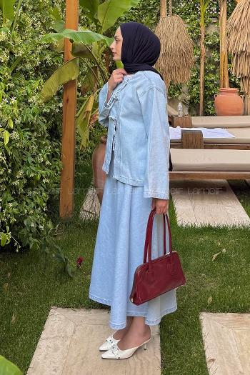 Lamelif Bağcık Detaylı Denim Takım Buz Mavisi
