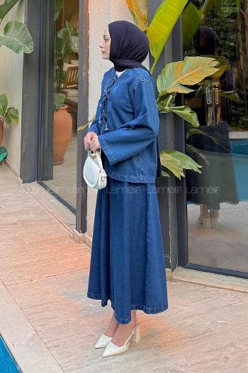 Lamelif Bağcık Detaylı Denim Takım Koyu Mavi