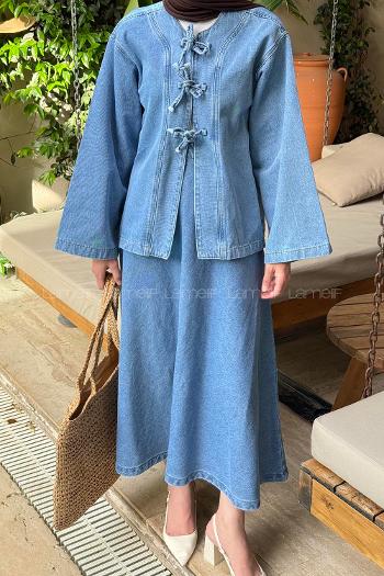 Lamelif Bağcık Detaylı Denim Takım Mavi