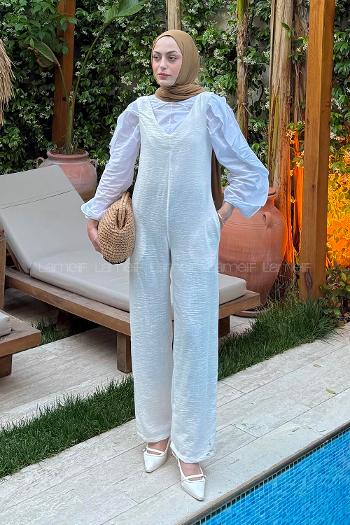 White V Neck Linen Overalls