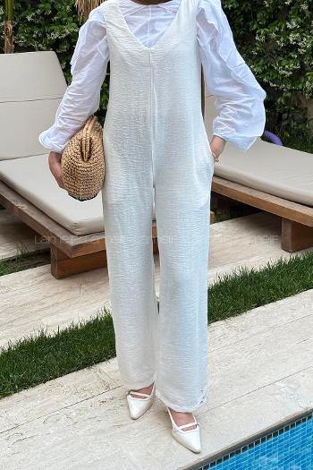 White V Neck Linen Overalls