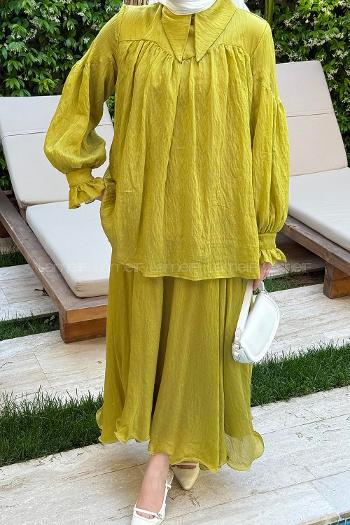 Lamelif Tesettür Şifon Takım Hardal Sarısı