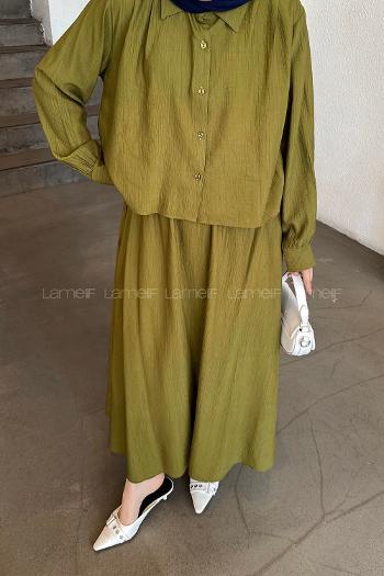 Lamelif Omuz Pile Detaylı Etekli Takım Fıstık Yeşili