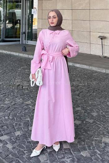 Lamelif Düğme Detaylı Tesettür Elbise Pembe