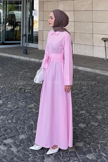 Lamelif Düğme Detaylı Tesettür Elbise Pembe