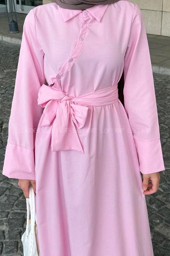 Lamelif Düğme Detaylı Tesettür Elbise Pembe