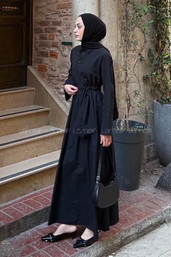 Lamelif Düğme Detaylı Tesettür Elbise Siyah