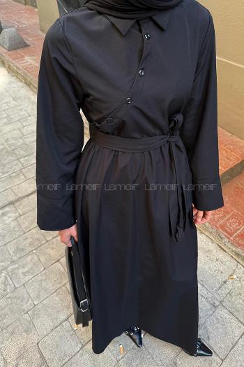 Lamelif Düğme Detaylı Tesettür Elbise Siyah