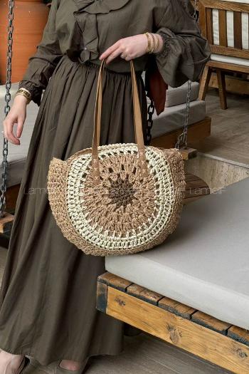 Lamelif Bloklu El Örgüsü Hasır Kadın Yuvarlak Omuz Çanta 