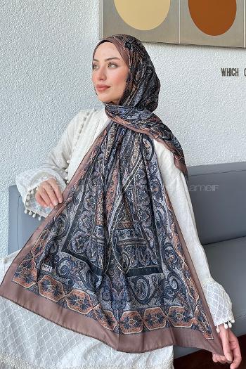 Lamelif Retro Desen Pamuk Şal Camel Gri