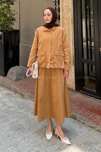 Lamelif Cep Detaylı İkili Etek  Tesettür Takım Camel