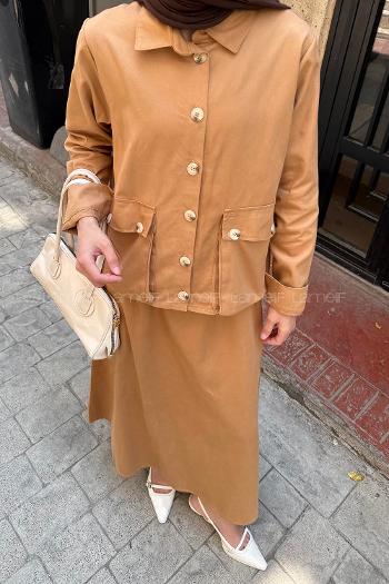 Lamelif Cep Detaylı İkili Etek  Tesettür Takım Camel