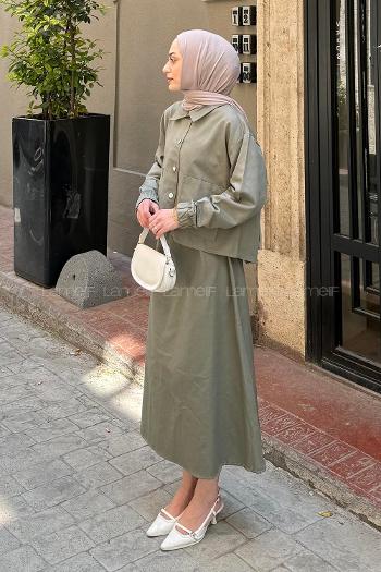 Lamelif Cep Detaylı İkili Etek Tesettür Takım Haki