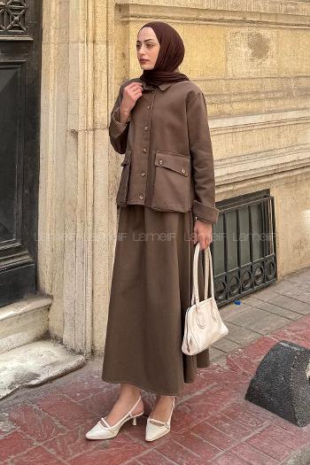 Lamelif Cep Detaylı İkili Etek  Tesettür Takım Kahve