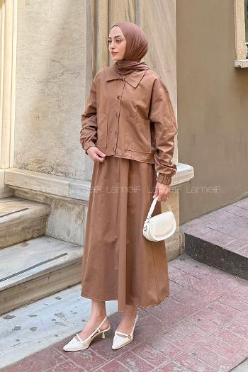 Lamelif Cep Detaylı İkili Etek Tesettür Takım Kahverengi