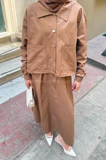 Lamelif Cep Detaylı İkili Etek Tesettür Takım Kahverengi