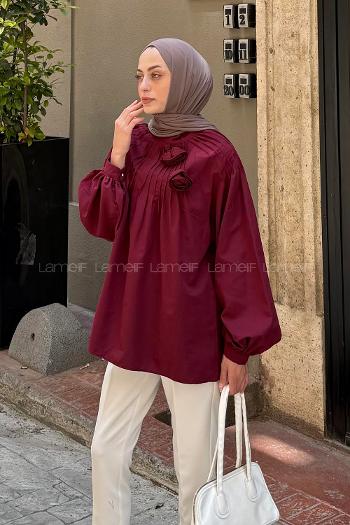 Lamelif Çiçek Detaylı Nervür Bluz Bordo