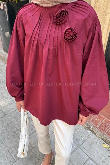 Lamelif Çiçek Detaylı Nervür Bluz Bordo