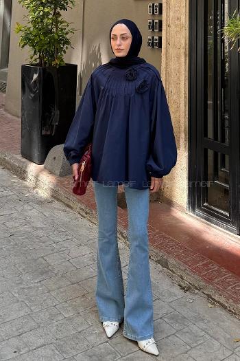 Navy Blue Normal Neck Long Arm Cotton Blouse