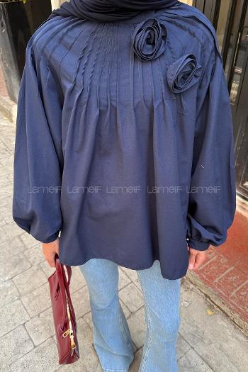 Navy Blue Normal Neck Long Arm Cotton Blouse
