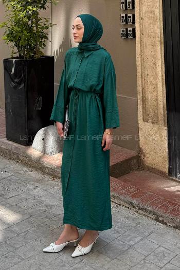 Lamelif Pat Detaylı Elbise Zümrüt Yeşili