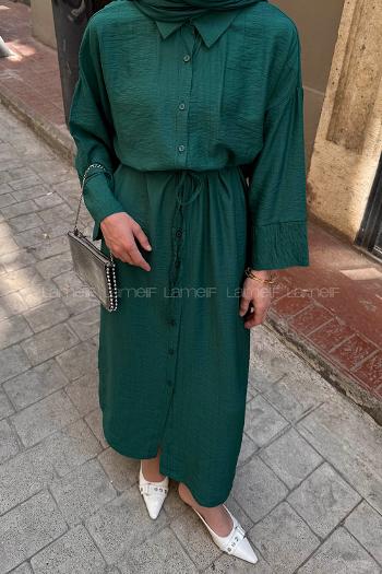 Lamelif Pat Detaylı Elbise Zümrüt Yeşili