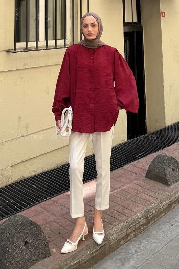 Claret Red Shirt Collar Balloon Sleeve Arm Combed Fabric Unprinted Shirt