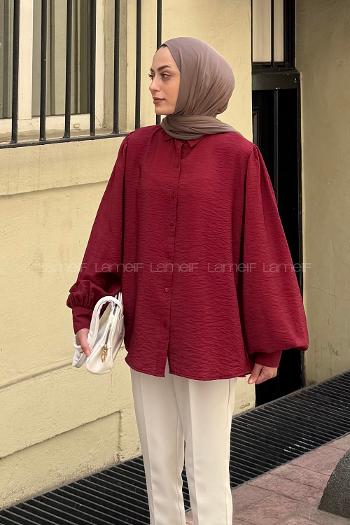 Claret Red Shirt Collar Balloon Sleeve Arm Combed Fabric Unprinted Shirt