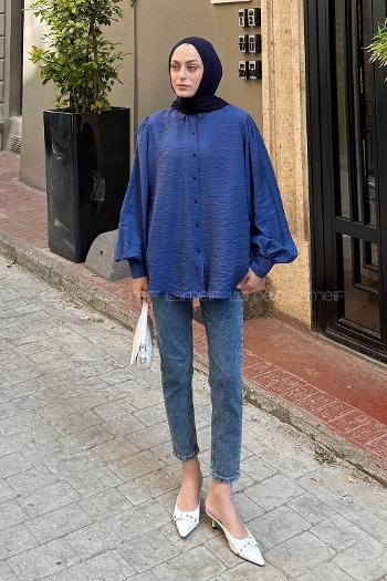 Navy Blue Shirt Collar Balloon Sleeve Arm Combed Fabric Unprinted Shirt