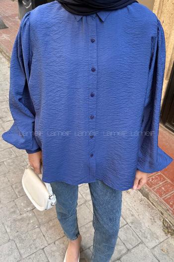 Navy Blue Shirt Collar Balloon Sleeve Arm Combed Fabric Unprinted Shirt