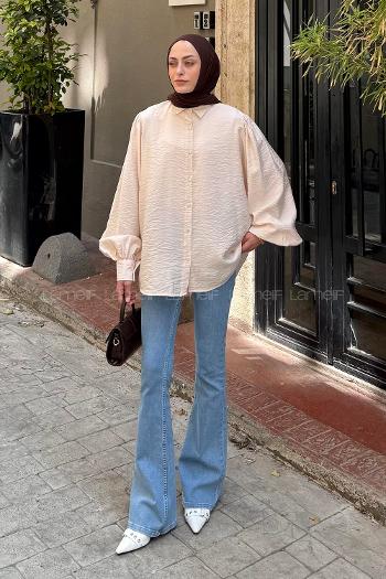 Stone Shirt Collar Balloon Sleeve Arm Combed Fabric Unprinted Shirt