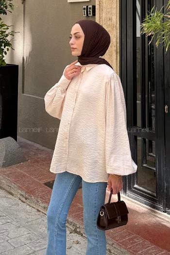 Stone Shirt Collar Balloon Sleeve Arm Combed Fabric Unprinted Shirt