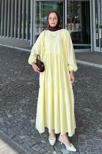 Lamelif Balon Kol Katlı Tesettür Elbise Sarı