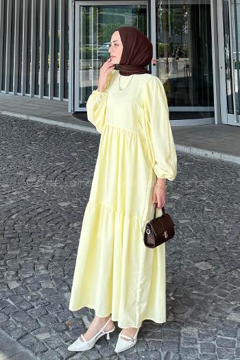 Lamelif Balon Kol Katlı Tesettür Elbise Sarı