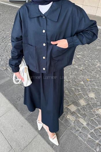 Lamelif Cep Detaylı İkili Etek Tesettür Takım Lacivert